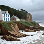 **

"Dramatic coastal erosion in Brittany, France. A powerful storm surge crashes against crumbling cliffs, flooding a traditional Breton village.  Destruction is visible, with houses partially submerged.  Focus on the power of nature and the vulnerability of human settlements. Somber, realistic lighting."

**