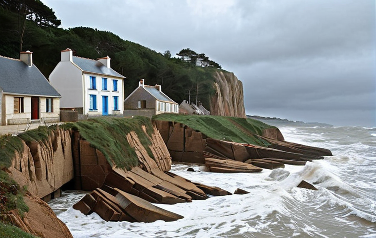 **
"Dramatic coastal erosion in Brittany, France. A powerful storm surge crashes against crumbling cliffs, flooding a traditional Breton village. Destruction is visible, with houses partially submerged. Focus on the power of nature and the vulnerability of human settlements. Somber, realistic lighting."
**