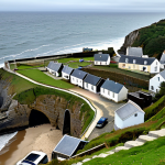 A professional aerial shot of a small, traditional coastal village on the Breton coast of France, showcasing the dramatic impact of sea level rise. The scene features houses, some centenarian, precariously close to the eroding cliff edge, with remnants of broken stairs leading to a vanished beach. The sky is overcast, emphasizing the serious reality of the situation. The overall image maintains a documentary, professional photography style with a high level of detail, perfect anatomy, correct proportions, natural body proportions, safe for work, appropriate content, fully clothed, modest, family-friendly.