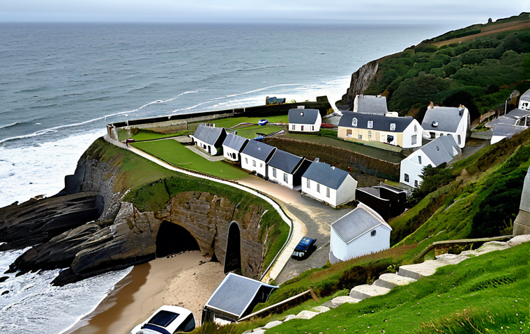 A professional aerial shot of a small, traditional coastal village on the Breton coast of France, showcasing the dramatic impact of sea level rise. The scene features houses, some centenarian, precariously close to the eroding cliff edge, with remnants of broken stairs leading to a vanished beach. The sky is overcast, emphasizing the serious reality of the situation. The overall image maintains a documentary, professional photography style with a high level of detail, perfect anatomy, correct proportions, natural body proportions, safe for work, appropriate content, fully clothed, modest, family-friendly.