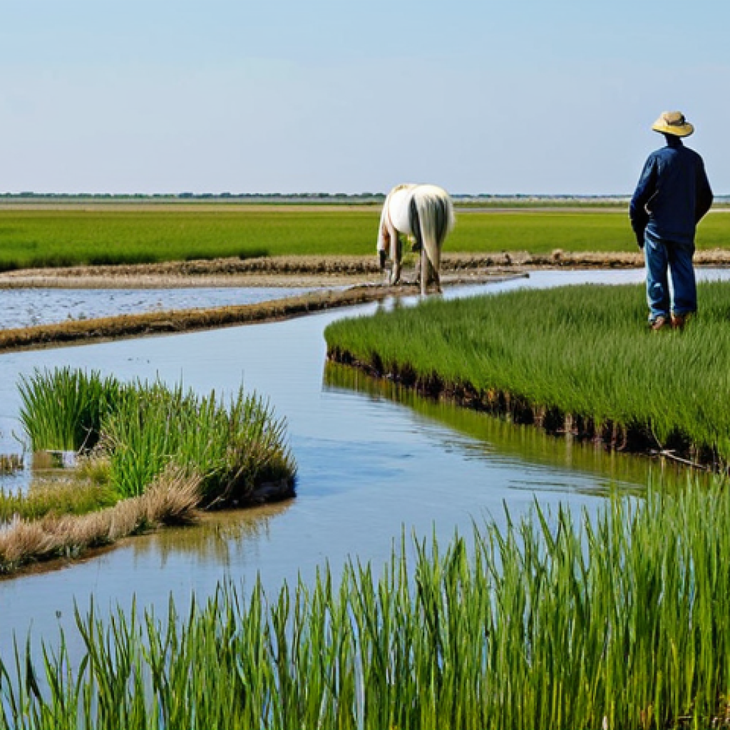 Camargue Landscape and Challenges**

"A wide, scenic view of the Camargue region in Southern France, showcasing its unique landscape: salt marshes, rice paddies, and traditional Camargue horses. In the distance, hints of rising water levels encroaching on the land. A concerned-looking local farmer stands in the foreground, observing the scene. Focus on the natural beauty contrasted with the environmental challenges. fully clothed, appropriate attire, safe for work, perfect anatomy, natural proportions, professional, family-friendly, realistic photography, high quality."

**