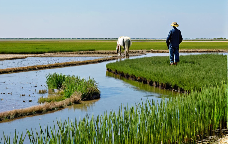 Camargue Landscape and Challenges**

"A wide, scenic view of the Camargue region in Southern France, showcasing its unique landscape: salt marshes, rice paddies, and traditional Camargue horses. In the distance, hints of rising water levels encroaching on the land. A concerned-looking local farmer stands in the foreground, observing the scene. Focus on the natural beauty contrasted with the environmental challenges. fully clothed, appropriate attire, safe for work, perfect anatomy, natural proportions, professional, family-friendly, realistic photography, high quality."

**