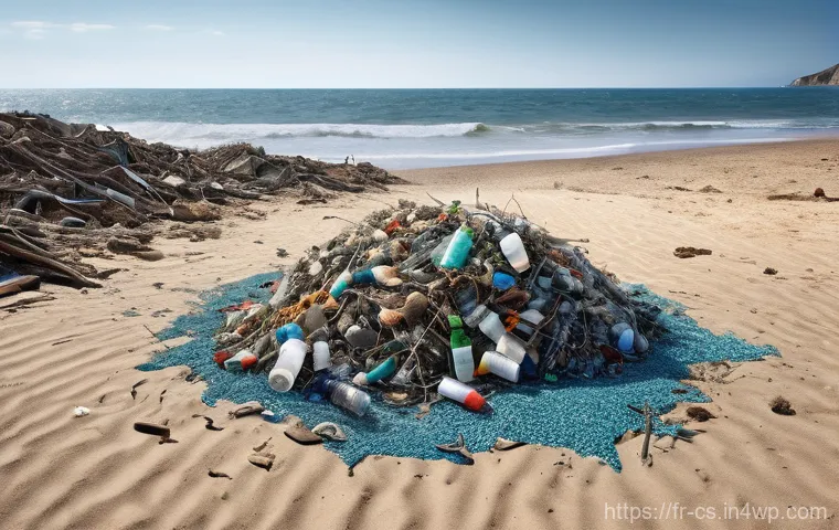 해수면 상승과 해양 생물 보호의 필요성 - **Prompt: "A once beautiful, idyllic sandy beach on the French coast, now tragically overwhelmed by ...