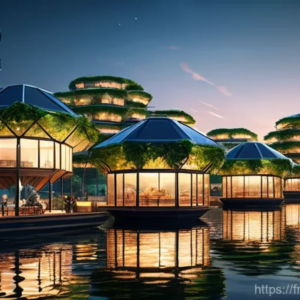 해수면 상승 대응을 위한 실험적 접근 - **A Flourishing Floating City on Calm Waters at Sunset**
    "An intricate, futuristic floating city...
