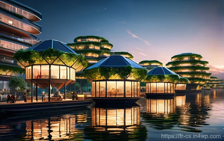 해수면 상승 대응을 위한 실험적 접근 - **A Flourishing Floating City on Calm Waters at Sunset**
"An intricate, futuristic floating city...