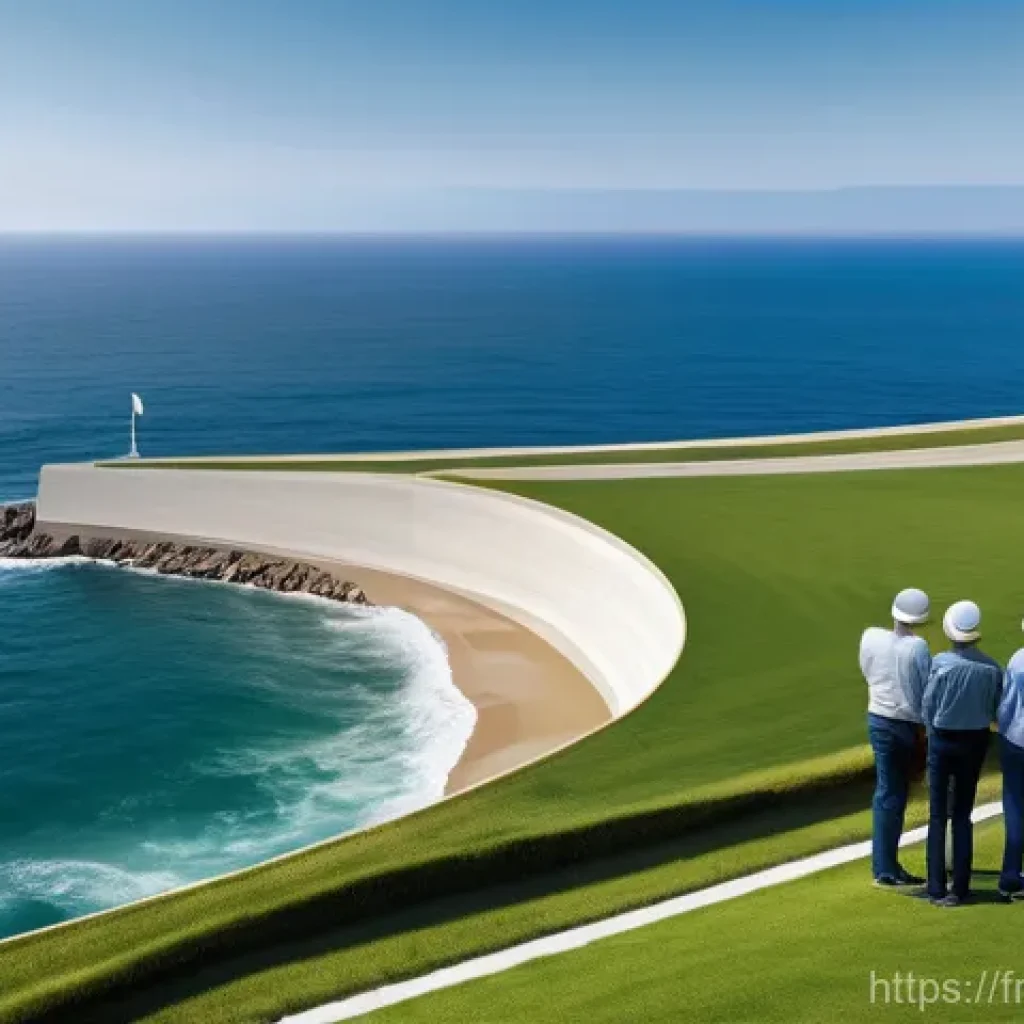 해수면 상승 대비 해안 방어 시스템 구축 - **Prompt:** "A panoramic view of a cutting-edge, intelligent coastal defense system on a picturesque...