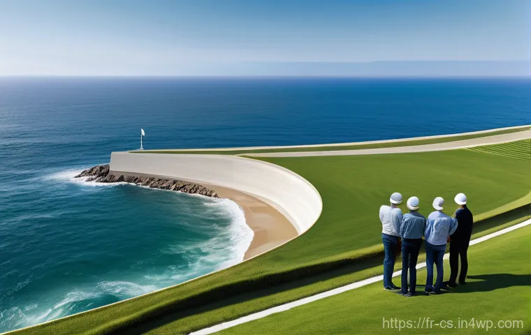 해수면 상승 대비 해안 방어 시스템 구축 - **Prompt:** "A panoramic view of a cutting-edge, intelligent coastal defense system on a picturesque...
