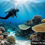 해수면 상승과 해양 생태계 변화 - A detailed underwater scene showing a Mediterranean coral reef undergoing bleaching: vibrant corals ...