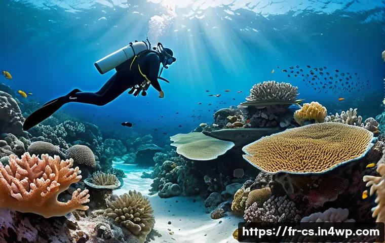 해수면 상승과 해양 생태계 변화 - A detailed underwater scene showing a Mediterranean coral reef undergoing bleaching: vibrant corals ...