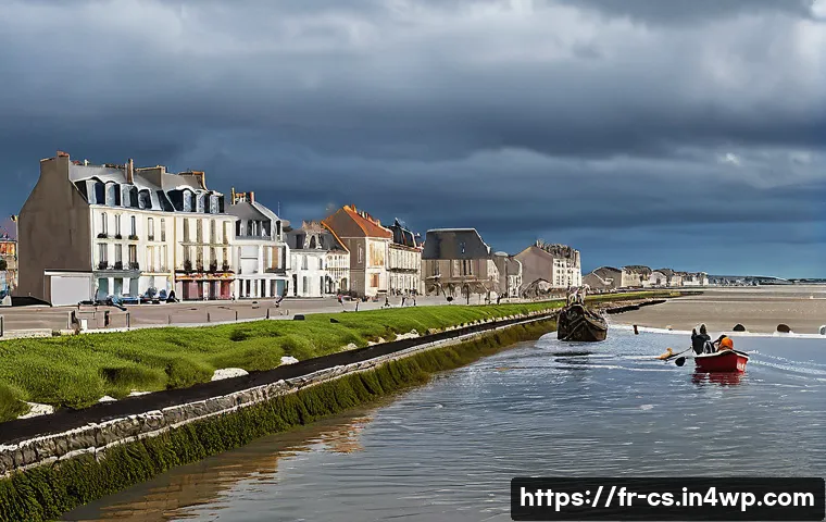 해수면 상승의 글로벌 통계 분석 - A detailed coastal cityscape of the French Atlantic coast showing rising sea levels flooding urban s...