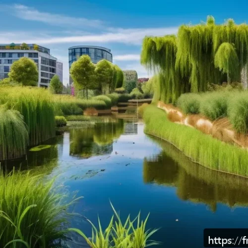 해수면 상승과 도시 개발의 지속 가능성 - A vibrant urban wetland restoration scene in Nantes, France, showing lush green marshes and dense ve...