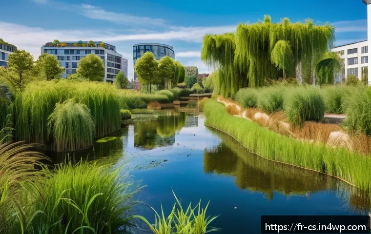 해수면 상승과 도시 개발의 지속 가능성 - A vibrant urban wetland restoration scene in Nantes, France, showing lush green marshes and dense ve...