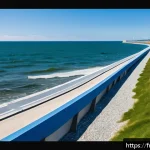 해수면 상승 대응을 위한 정책 변화 - A futuristic smart sea dike along the Atlantic coast of France, featuring automated adjustable barri...