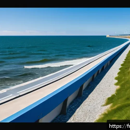 해수면 상승 대응을 위한 정책 변화 - A futuristic smart sea dike along the Atlantic coast of France, featuring automated adjustable barri...