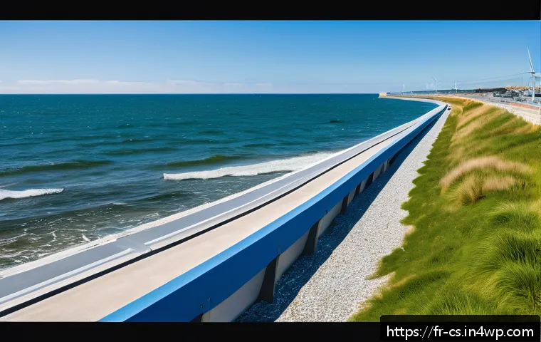 해수면 상승 대응을 위한 정책 변화 - A futuristic smart sea dike along the Atlantic coast of France, featuring automated adjustable barri...