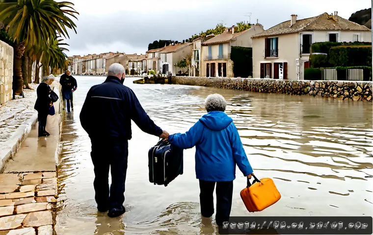 해수면 상승과 기후 난민 문제 - Photorealistic coastal neighborhood in southern France during severe sea-level flooding, an elderly ...
