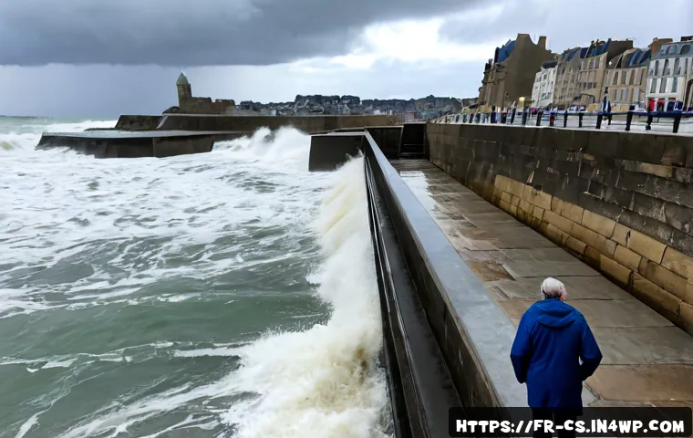 Home 17 해수면 상승과 국제 사회의 역할 분석 - Photorealistic wide coastal scene in Saint-Malo, France, showing rising seawater flooding a stone pr...