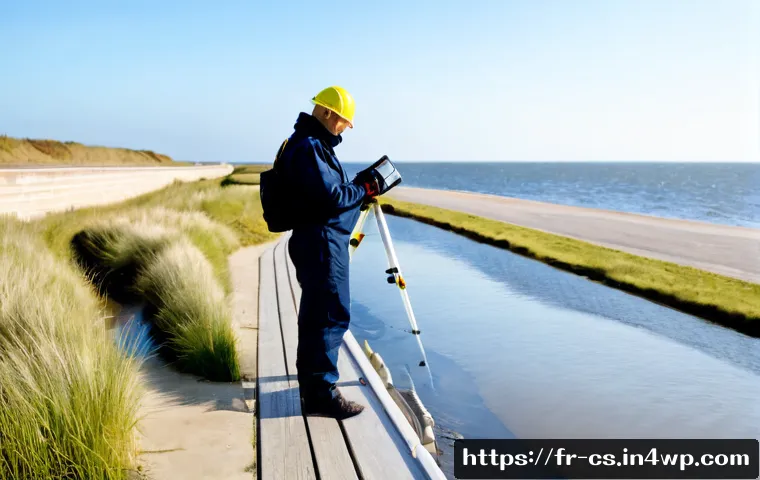 Home 17 해수면 상승 대응을 위한 과학적 접근 방식 - Photorealistic coastal flood resilience scene in western France, showing a modern sea wall, restored...