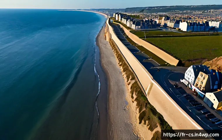 해수면 상승 대응을 위한 공공 정책 사례 - Photorealistic aerial view of a French coastal town protected by a modern sea wall and restored dune...