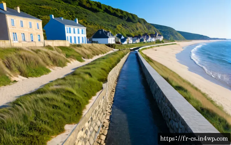 Home 17 해수면 상승과 해안 보호의 중요성 - Photorealistic wide-angle view of a French Atlantic coastal village at high tide, robust stone seawa...