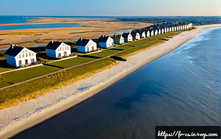 해수면 상승의 지속 가능성 문제 해결 - Photorealistic aerial view of a resilient French Atlantic coastal town at low tide, restored sand du...