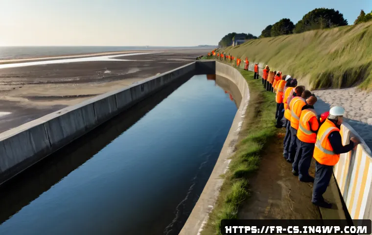Home 17 해수면 상승 대응을 위한 정부 정책 - Photorealistic coastal resilience project in northern France, wide eye-level view of a newly reinfor...